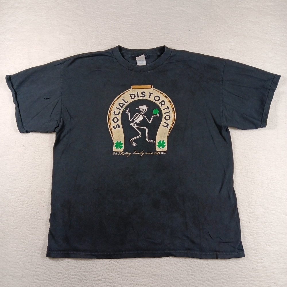 Vintage Social Distortion Shirt Mens 2XL Black Punk Skeleton Clover Thrashed